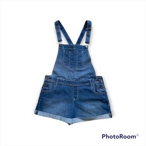 WallFlower Women’s Juniors  Mid-Rise Loose Fit Blue Denim Shortalls Romper